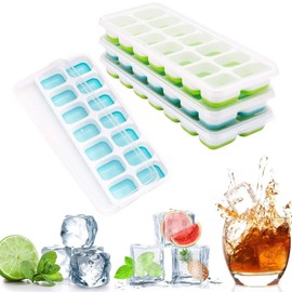 Cheelom Bandejas para cubitos de hielo, paquete de 4, silicona de fácil liberación y bandejas flexibles para 14 hielos con tapa extraíble, certificado LFGB y BPA Free, apto para lavavajillas