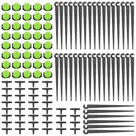VooGenzek 120 Pieces 4/7 mm Automatic Drip Irrigation Set, 40 Adjustable Micro Drip Droppers + 40 T Connectors + 40 Micro Drip Pipe Holders for Hose 4/7 mm, for Garden, Lawn, Green