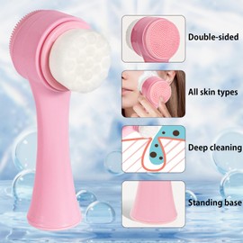 Face Brush 2 in 1, Silicone Facial Cleansing Exfoliating Brush Soft Bristles Pore Deep Cleansing, Jade Face Roller Skin Care Tools, Manual Dual Face Wash Scrub Brush for Massaging, Pink+White