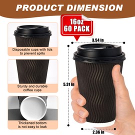 peibobow 16 oz Coffee Cups with Lids, 60 Pack Insulated Corrugated Paper Cups, Disposable Coffee Cups for Water, Juice, Coffee (Black 16 oz)