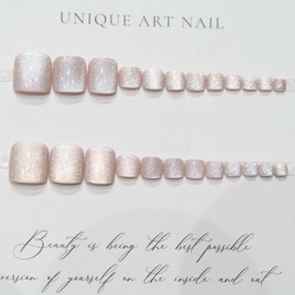 24Pcs Nude Press On Toenails Square Fake Toenails Short False Toenails With Glitter Design Summer Glossy Full Cover Acrylic Toe Nails Reusable Artificial Toe Nails For Women Toenails Decoration