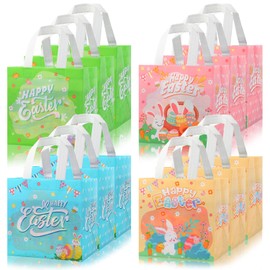 CCINEE 12Pcs Easter Gift Bags with Handle, Reusable Easter Tote Bags Non-Woven Bunny Treat Goodie Bag Easter Egg Hunt Bags for Easter Party Supply，7.9"×7.9"×5.9"