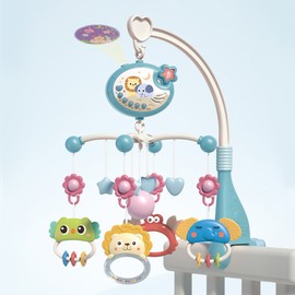 Cute Baby Crib Mobile with Music Lights Star Projection Hanging Rotating Toys Baby Crib Toys with Remote Contorl Infant Bed Decoration for Baby Boys Girls