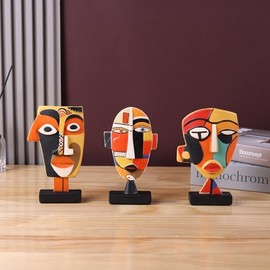 orenm Resin Mask Abstract Sculpture,Set of 3 African Art Figurines,Modern Home Decor African Statues,Afrocentric Aesthetic Decor for Home,Office,Living Room,Bookshelf,Cabinets Accent(3Pcs Set-Small)
