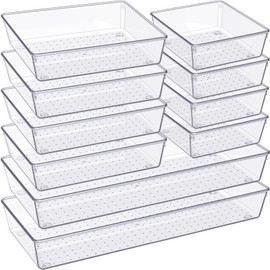 Criusia Drawer Organizer, 10 Pack Large Clear Plast Set, 3 Size Versatile Bathroom and Vanity Organizer Trays, Storage Bins for Makeup, Bedroom, Kitchen Utensils