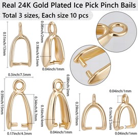 Beebeecraft 30Pcs 3 Sizes Pinch Bails 24K Gold Plated Snap On Bails with Loop for Pendants Jewelry Making DIY Necklace Earring Dangle Charms