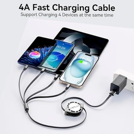 MINLU Cable de carga múltiple 4A, paquete de 2 cables de carga rápida retráctiles de 4 pies, cable de carga múltiple, cable USB 4 en 1 con puertos tip