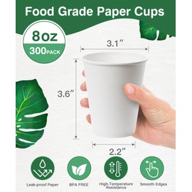 Sipthene 300 Pack Paper Cups 8 oz, Disposable Coffee Cups for Hot/Cold Beverage, White Drinking Cups for Water, Juice, Cocoa or Hot Chocolate，Suitable for Party Office Home Travel and Picnic
