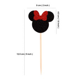 Ercadio Minnie Mouse Inspired Cupcake Toppers with Red Bow Black Glitter Mini Cupcake Picks Decorations for Baby Shower Kids Girls Birthday Party Supplies 24 PCS