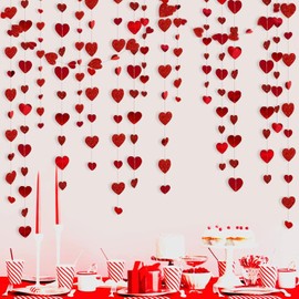 DJFOG 65 Ft Romantic Red Heart Garland - Sparkling Banner for Valentine's Decor, Weddings, and Celebrations – Luxurious Metallic Glitter Streamers for Love-Filled Occasions (4 Packs)