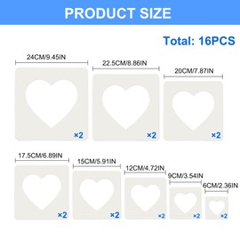 Pack of 16 Large Heart Stencils, Heart Shape, Heart Stencil for Crafts, Heart Stencils in Various Sizes, PET Heart Shaped Templates, for Fabric Walls, Art Paper, Home Decoration, DIY (Heart)