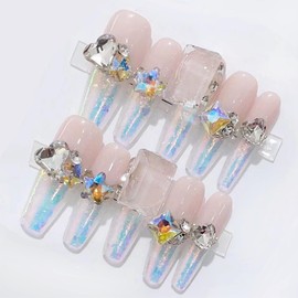 WOMHOPE Press on Nails Handmade Full Cover False Nails with Rhinestone Vintage Flower Aurora Acrylic Nails for Women and Girls 10pcs/Box Long Almond,Coffin (French polarization, Small)