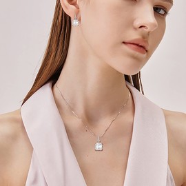 EleQueen 925 Sterling Silver Cubic Zirconia Clear Square Solitaire Bridal Necklace Hoop Huggie Earrings Jewelry Sets for Bride Bridesmaids