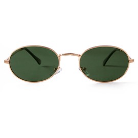 Laurinny Retro Oval Sunglasses for Women Men 90s Vintage Oval Hippie Glasses for Men Women Metal Frame Round Sunglasses, Gold/Green