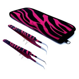 SET OF 2 Stainless Steel Pink Black Zebra 3D Eyelash Extension Tweezers Strong Curved + A Type Angled Fine Point (A2Z)