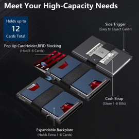 SEMORID Mens Wallet, Slim Wallet for Men, Pop Up Credit Card Holder RFID Blocking, Minimalist Metal Wallet with Cash Band, Aluminum Wallets (Black+Blue)