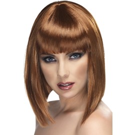 Smiffys Glam Wig, Brown Short, Blunt with Fringe, Ladies Glamour Wigs Fancy Dress, Adult Dress Up Wigs