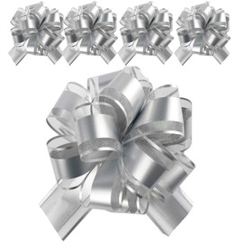 5 PCS 7 in(17.78cm) Large Pull Bows Wrapping Pull Bow Ribbon，Silver Gift Wrap Bows for Gift Wrapping Baskets Wedding or Flower Decorations, Valentine's Day Birthday Gift Decorations