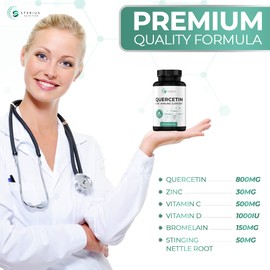 STERIUS NUTRITION 6 in 1 Quercetin with Bromelain, Zinc, Vitamin C, D3, Stinging Nettle Root - Bioflavonoids Quercetin 800mg - Antioxidant & Immune Support Supplement - 120 Vegan Capsules