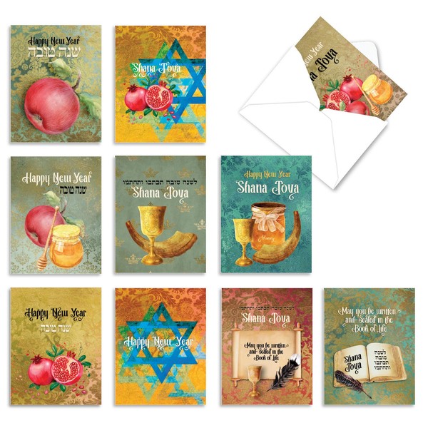 The Best Card Company - 10 Assorted Rosh Hashanah Note Cards Boxed Set 4 x 5.12 Inch with Envelopes (10 Designs, 1 Each) Jewish Holiday Cards Shana Tova Greetings AM6135RHG-B1x10