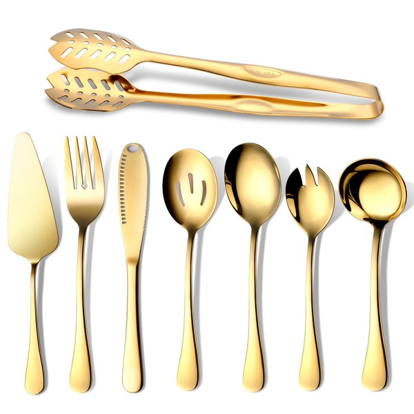 OGORI Juego de cubiertos dorados de 8 piezas, cubiertos de acero inoxidable pulido, incluye pinza para servir, servidor de pasteles, tenedor, tenedor de ensalada, cuchillo de mantequilla, cuchara ranurada, cuchara, cuchara de sopa