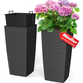 Mueller Janska M-Resin Heavy Duty Tall Planter, Indoor/Outdoor Grande Plant, Tree, Flower Pot, 2-Piece Set, 24”, Modern Design, Built-in Drainage, Dark Gray