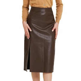 Allegra K Women's Faux Leather High Waist Side Slit Bodycon Pencil Midi Skirts Large Brown