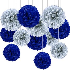 CC wonderland zone 12Pcs Navy Blue and Silver Hanging Tissue Paper Pom Poms for Party Decorations