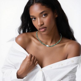 JURYLOO Rainbow Beaded Necklace for Women, Colorful Gemstone Pearl Choker Necklace 14K Gold Natural Stone Handmade Jewelry CK-ST-GreenJasper