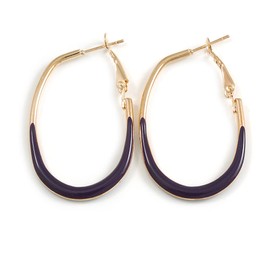 40mm Tall/Gold Tone with Deep Purple Enamel Oval Hoop Earrings/Medium Size