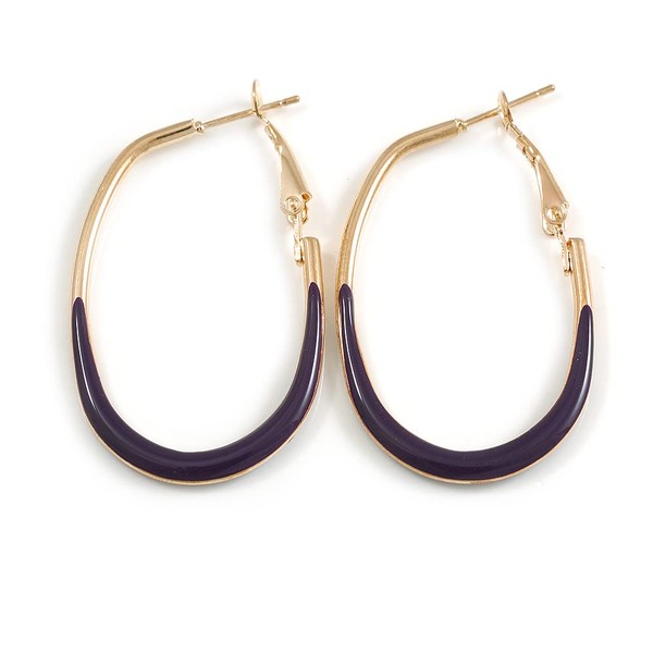 40mm Tall/Gold Tone with Deep Purple Enamel Oval Hoop Earrings/Medium