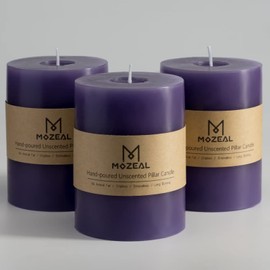 MOZEAL 3" x 4" Hand-Poured Unscented Candle,Dripless Pillar Candle Set of 3,Long Clean Burning,Approx 72 Hours Burn Time,Rustic Country Style,Wedding,Dinner,Christmas and Home Decor,Purple