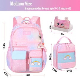 Jcobvig 3Pcs Kids Backpack For Girls,Cute Rainbow Student School Backpack With Lunch Bag Pen Bag Set (Pink Medium 16.5in