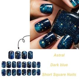 Short Square Press on Nails Dark Blue Fake Nails Gradient Starry Sky Glue on Nails with Gold Star Designs Cute French Acrylic False Nails Short Stick on Nails for Women Nail Art Decorations