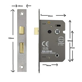 3 Lever Polished Chrome Mortice Bathroom Lock 65mm, Bathroom Door Lock for Internal and External Doors, Reversible Catch, CE Approved and Fire Rated Protection