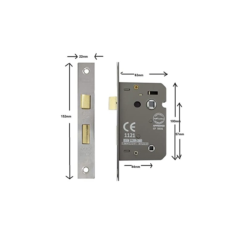 3 Lever Polished Chrome Mortice Bathroom Lock 65mm, Bathroom Door