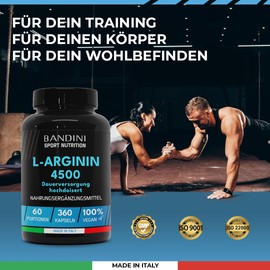 Bandini® L-Arginin 360 vegane Kapseln hochdosiert - 4500mg pflanzliches reines L Arginin HCL Pulver pro Tagesdosis - Nahrungsergänzung ohne unnötige Zusatzstoffe - Laborgeprüft, in Italien produziert