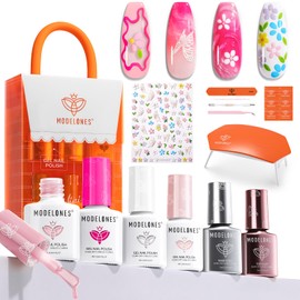 Modelones Spring Gel Nail Polish Kit with U V Light, White Jelly Glitter Pink Hot Neon Pastel Manicure Set with Base Top Coat Flower Stickers 4 Colors Gel Mini Salon Nail Art Starter Gift for Women