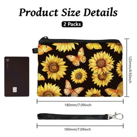 Peacoblue Coin Purse for Women Girls Butterflies and Sunflowers 2 Packs Small Change Purse with Zipper, Durable and Soft Canvas Wallet Pouch for Travel, Gift