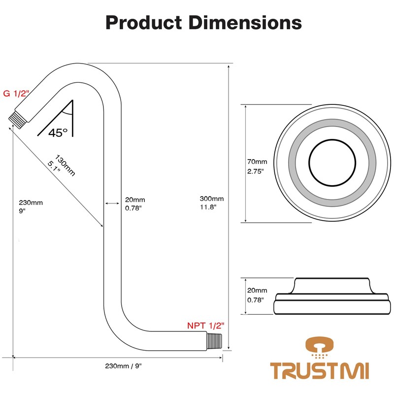 TRUSTMI 12 Inch S Shaped Shower Arm with Flange Heavy