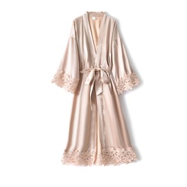 Women's Long Bride Kimono Robes with Lace Trim Embroidery Bridal Satin Bathrobe Wedding Party Sleepwear, Champagne, Maid of Honor