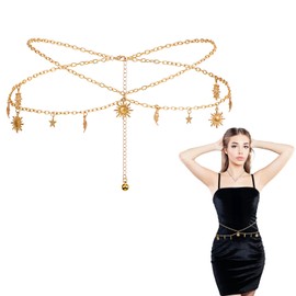 MBAIYO Double Layer Metal Waist Chain, Adjustable Waist for Women Link Chain Moon and Sun Multilayer Skinny Chains Waistband Moon and Sun Belly Waist Decor Belts