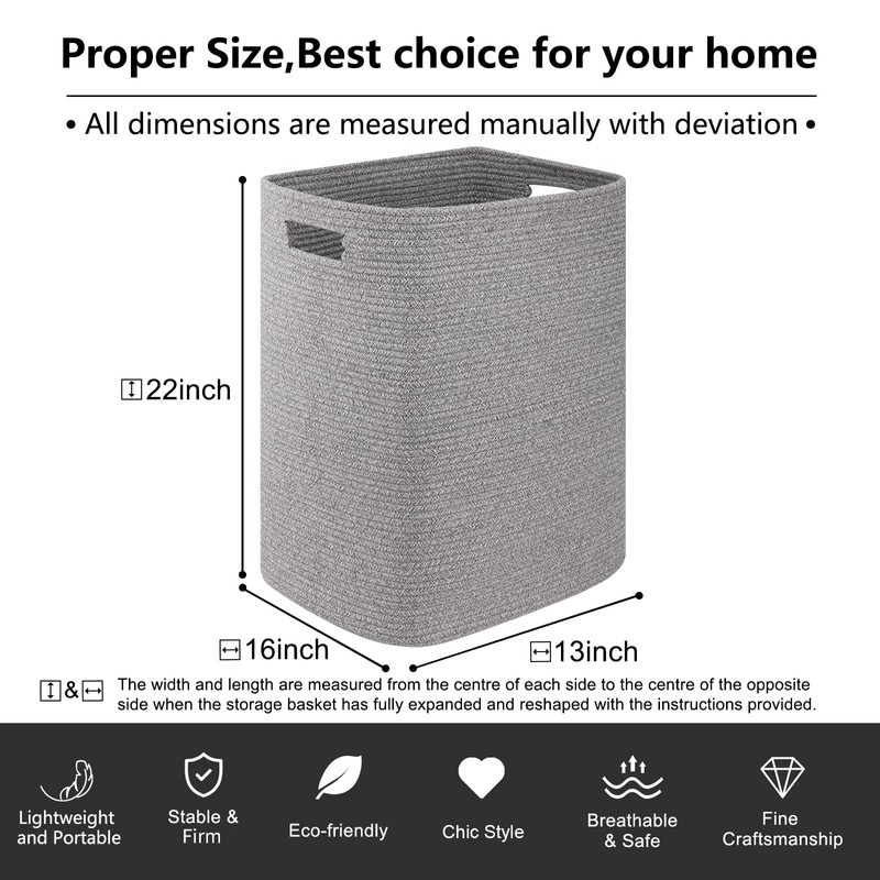 OIAHOMY Laundry Hamper, Laundry Basket，Rectangle Cotton Storage Basket with Handles,