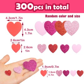 HADDIY Valentine's Day Foam Heart Stickers,300 Pcs Glitter Red Pink Hearts for Crafts 3 Different Sizes Heart Shape Decals for Kids Art Scrapbooking and Wedding Decor