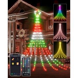 3.6M Outdoor Christmas Curtain Lights, 64 Modes Smart Waterfall String Lights with Colour Changing, Music Sync, Timer & App Control, Waterproof Star Lights for Garden, Patio, Wedding Christmas Decor