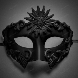 ILOVEMASKS Black Greek Emperor & Silver Mardi Gras Eye Mask with Top Feather For Couples