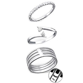 ICYROSE 925 Sterling Silver Set of 3 Textured, Double Crystal, Four Connected Above Knuckle Ring Mid Finger Top