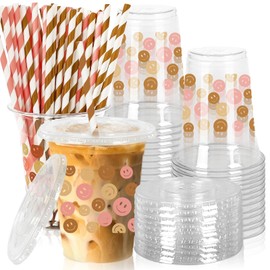 JarThenaAMCS 50Pcs Boho Plastic Cups with Lids and Straws Happy Face Clear Plastic Cups 12oz Disposable Cups for Retro Groovy Party Supplies