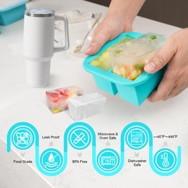 Silicone Freezer Tray with Lid 2 Pack Silicone Freezer Molds Ice Cube Tray Makes 4 Perfect 1 Cup Portions Soup Cubes Meal Prep Containers- Oven & Dishwasher Safe