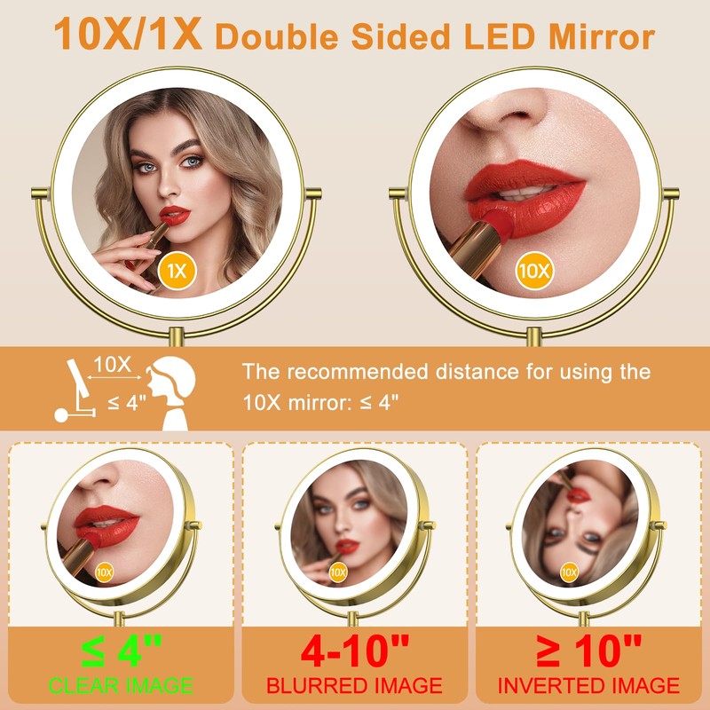 Gospire 9” Wall Mounted Lighted Magnifying Mirror, 1X/10X Magnification Double-Sided